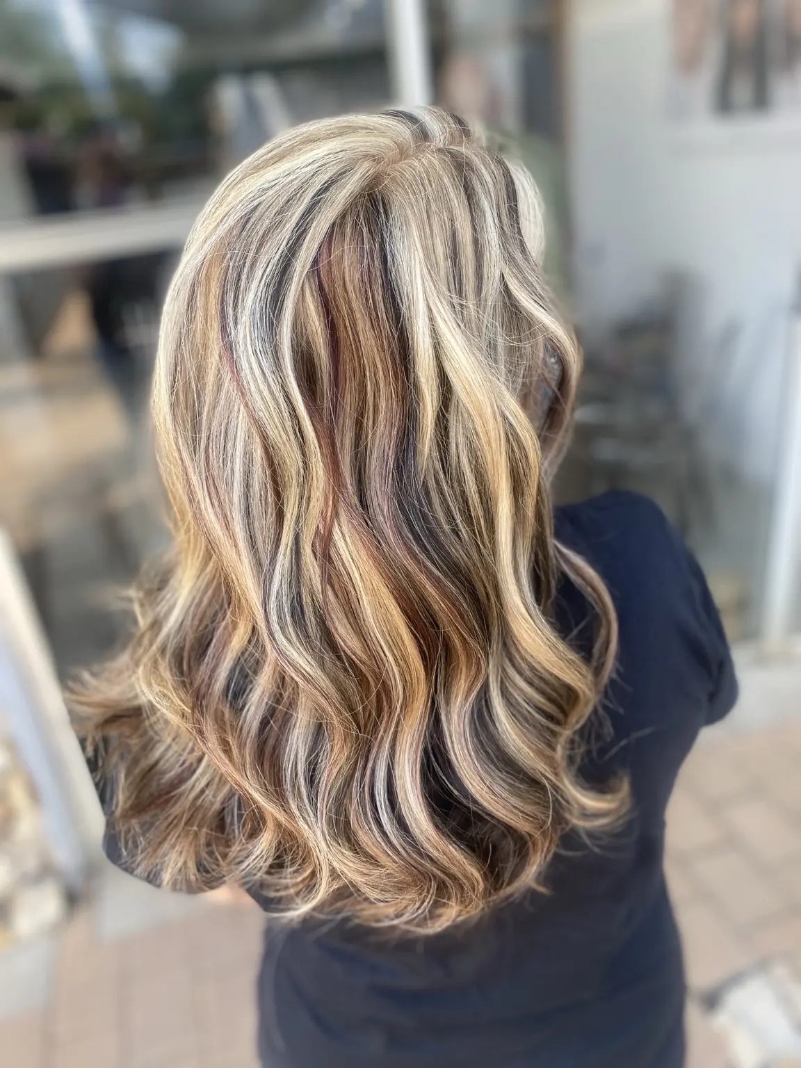 Warm dimensional brunette and blonde colour